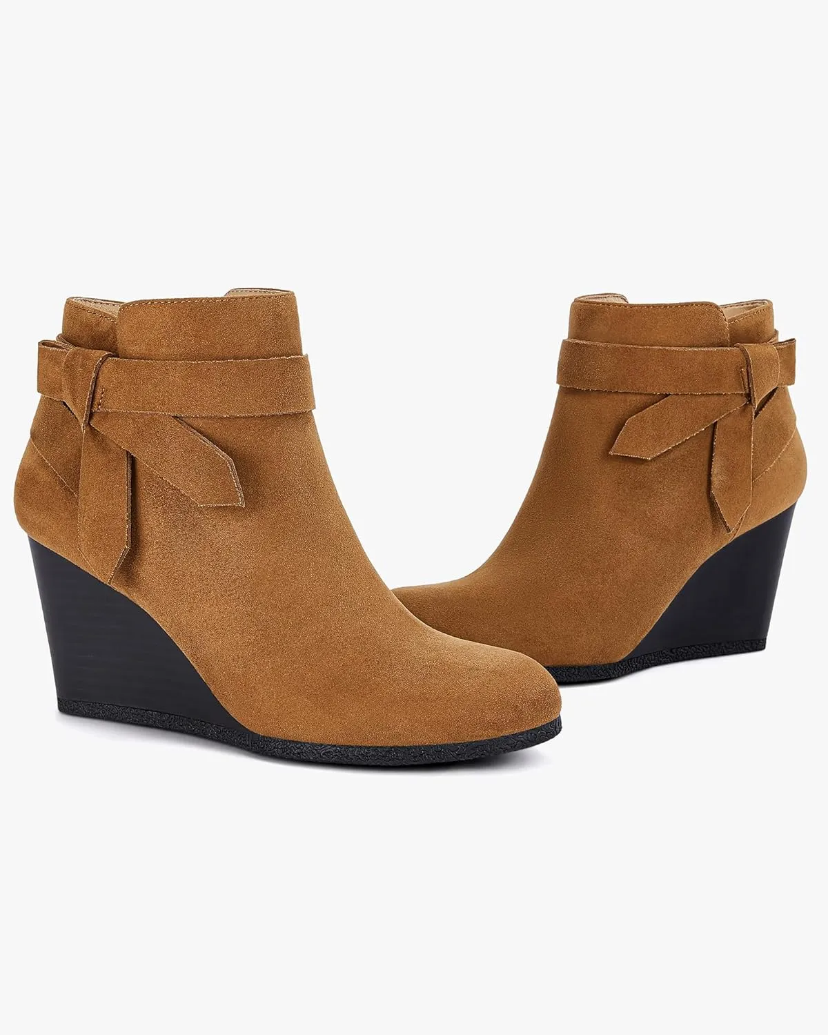 Coutgo Womens Wedge Booties Fall Ankle Boots Tie Knot Stacked Heeled Side Zipper Winter Dress Shoes