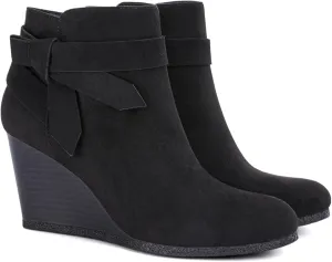 Coutgo Womens Wedge Booties Fall Ankle Boots Tie Knot Stacked Heeled Side Zipper Winter Dress Shoes