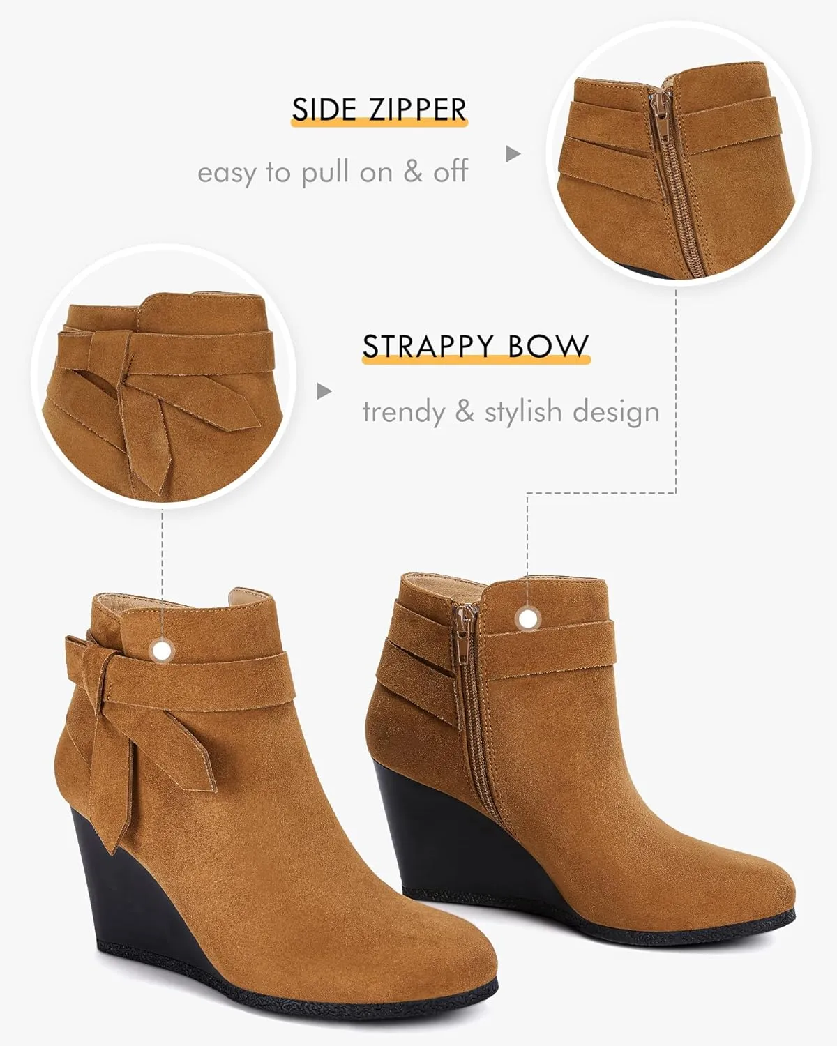 Coutgo Womens Wedge Booties Fall Ankle Boots Tie Knot Stacked Heeled Side Zipper Winter Dress Shoes