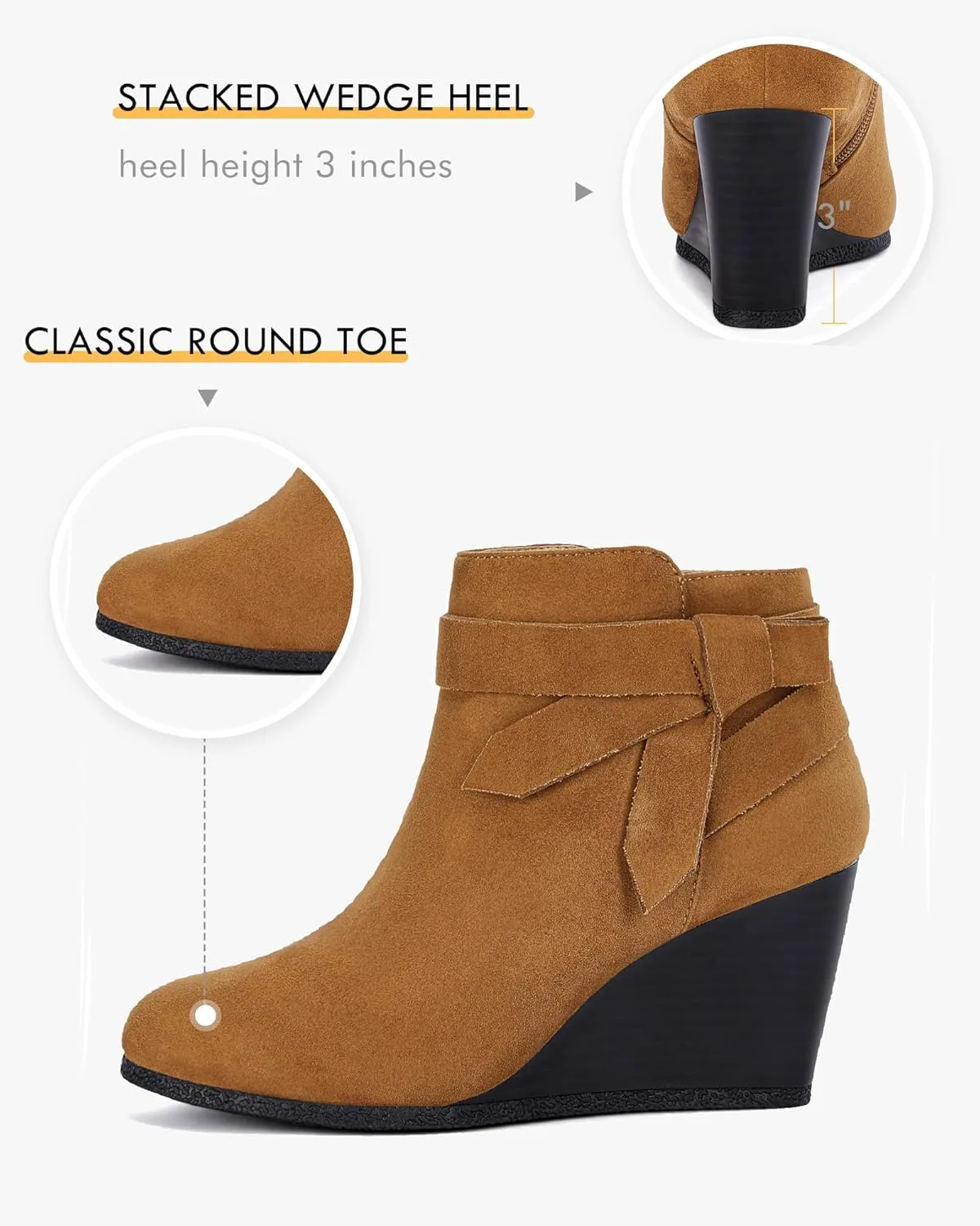Coutgo Womens Wedge Booties Fall Ankle Boots Tie Knot Stacked Heeled Side Zipper Winter Dress Shoes