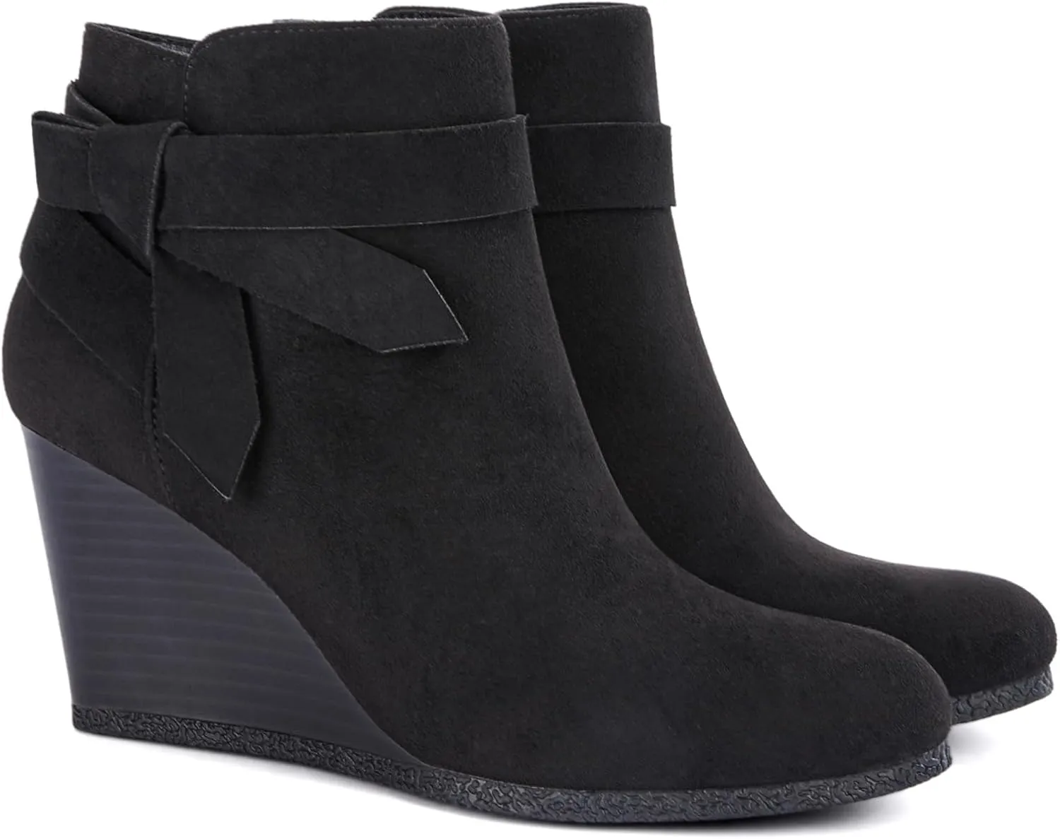 Coutgo Womens Wedge Booties Fall Ankle Boots Tie Knot Stacked Heeled Side Zipper Winter Dress Shoes