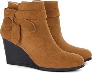 Coutgo Womens Wedge Booties Fall Ankle Boots Tie Knot Stacked Heeled Side Zipper Winter Dress Shoes