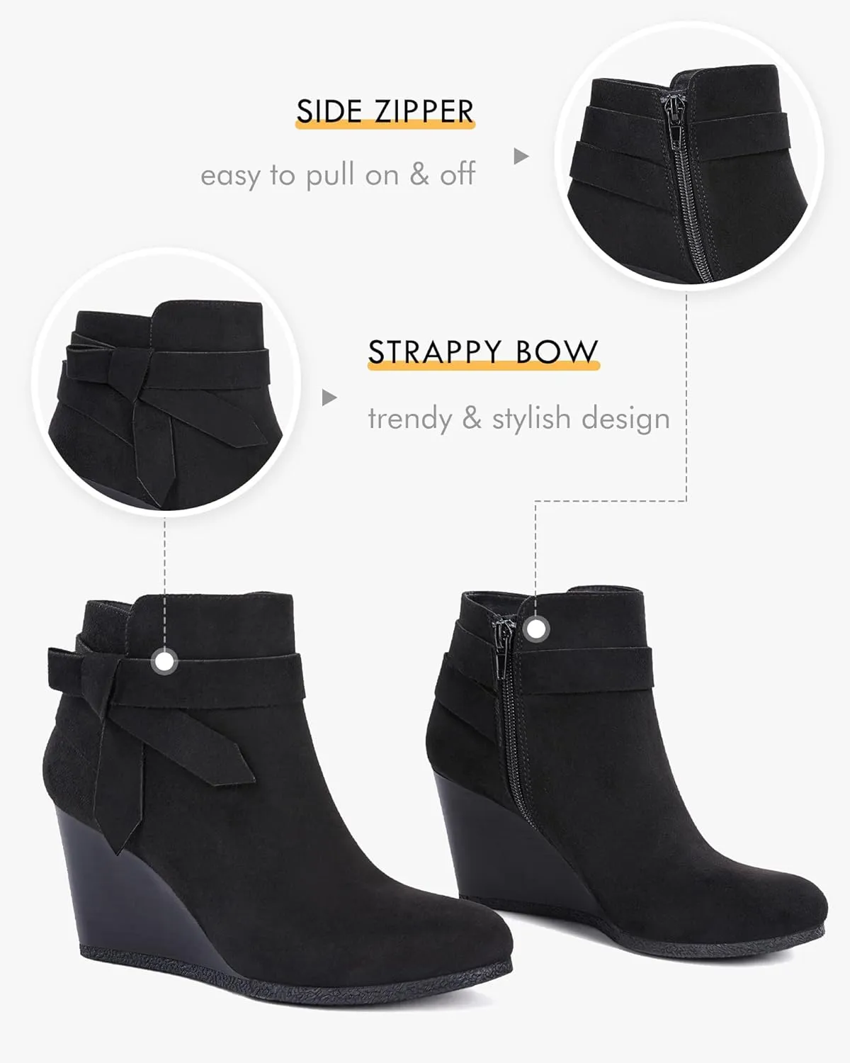 Coutgo Womens Wedge Booties Fall Ankle Boots Tie Knot Stacked Heeled Side Zipper Winter Dress Shoes