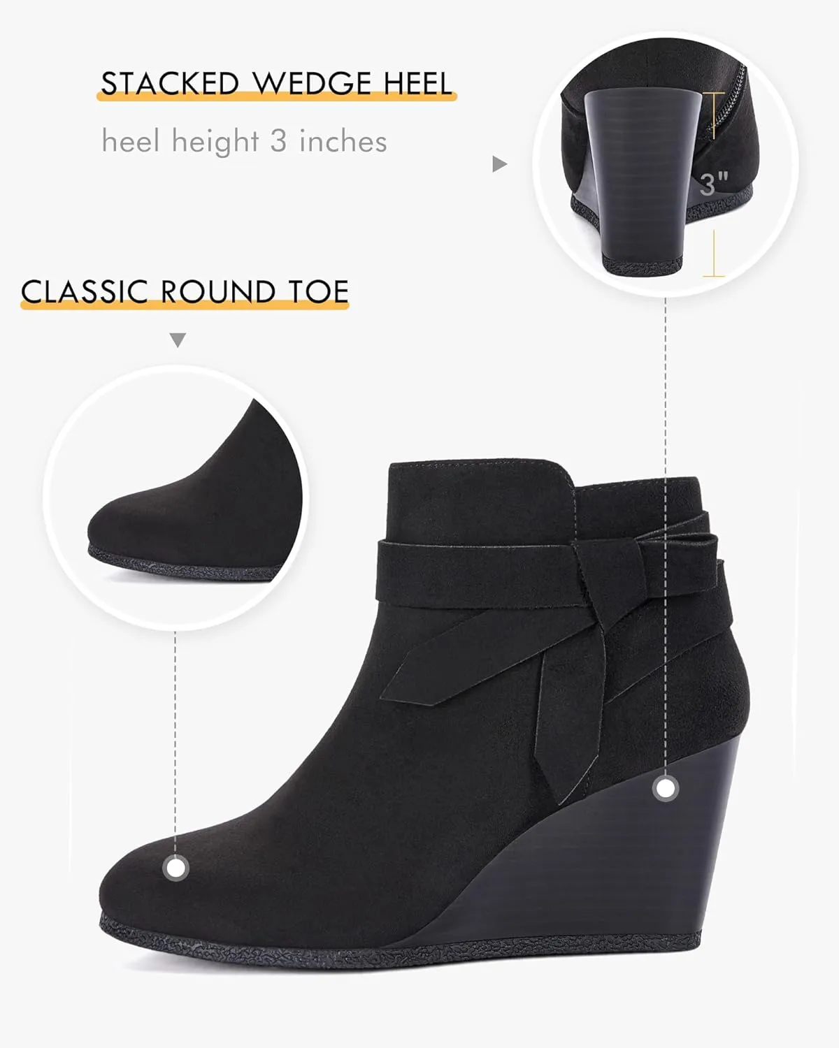 Coutgo Womens Wedge Booties Fall Ankle Boots Tie Knot Stacked Heeled Side Zipper Winter Dress Shoes