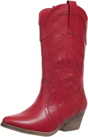 Cowboy Boots for Women Wide Calf Cowgirl Boots Pointed Toe Embroidery Stitched Fashion Western Boot Mid-Calf with Pull-on Tabs, US Size 5-11