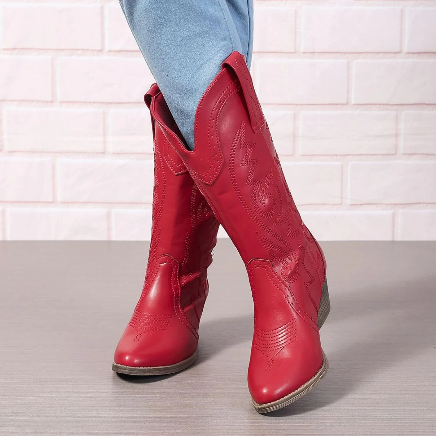 Cowboy Boots for Women Wide Calf Cowgirl Boots Pointed Toe Embroidery Stitched Fashion Western Boot Mid-Calf with Pull-on Tabs, US Size 5-11