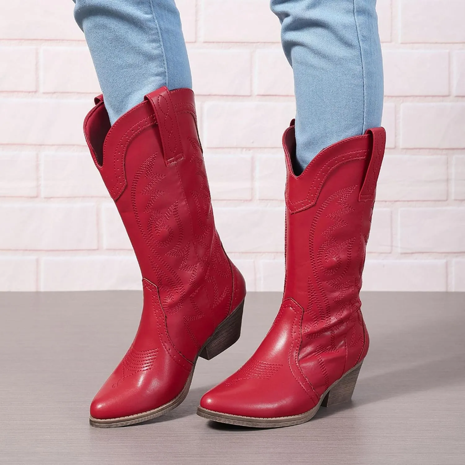 Cowboy Boots for Women Wide Calf Cowgirl Boots Pointed Toe Embroidery Stitched Fashion Western Boot Mid-Calf with Pull-on Tabs, US Size 5-11