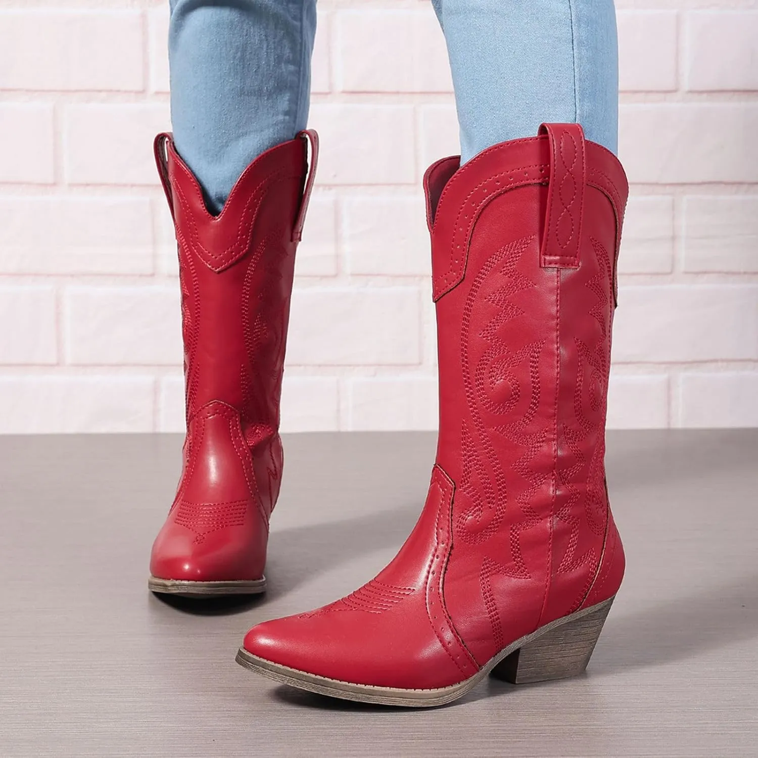 Cowboy Boots for Women Wide Calf Cowgirl Boots Pointed Toe Embroidery Stitched Fashion Western Boot Mid-Calf with Pull-on Tabs, US Size 5-11