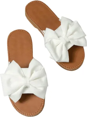 COZYEASE Women's Bow Knot Open Toe Sandals Comfy Single Band Flats Wedding Slip Ons