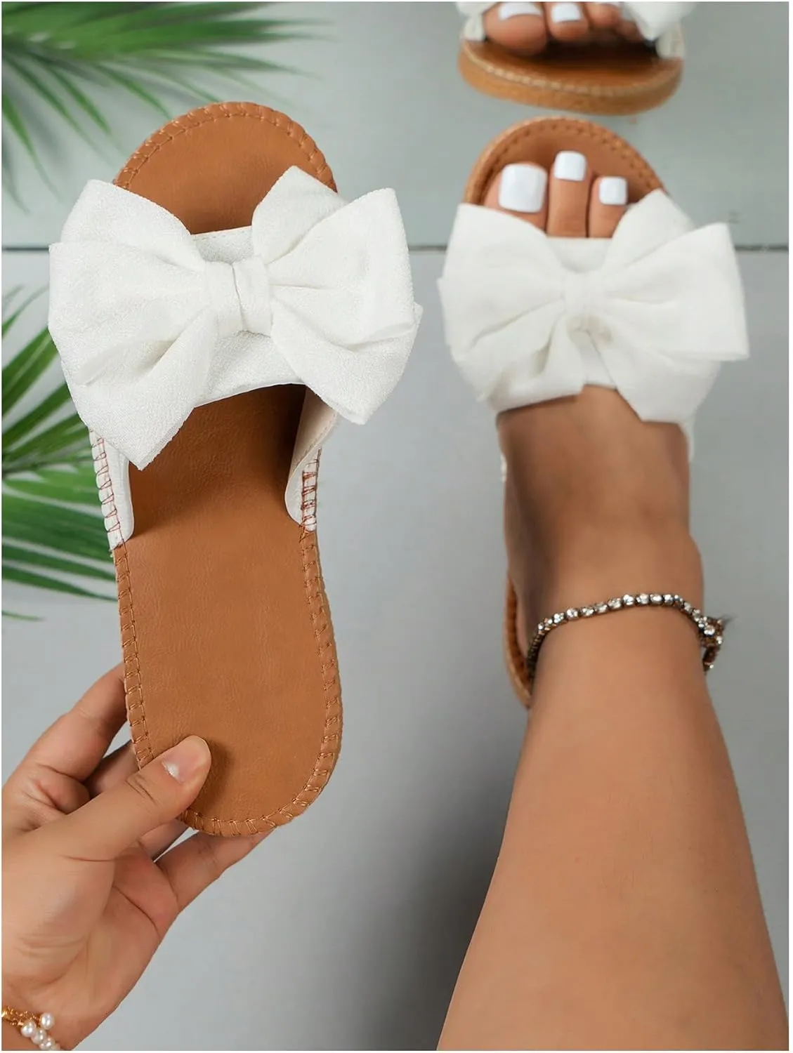 COZYEASE Women's Bow Knot Open Toe Sandals Comfy Single Band Flats Wedding Slip Ons