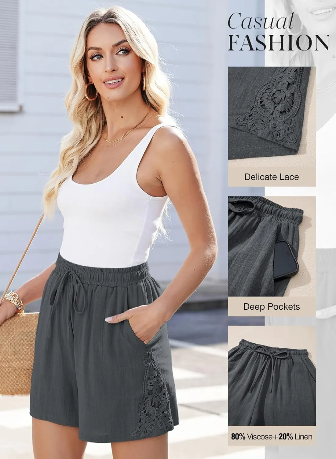 Dokotoo Women's Shorts Casual Flowy High Waisted Comfy Summer Elastic Drawstring Boho Dressy Pockets