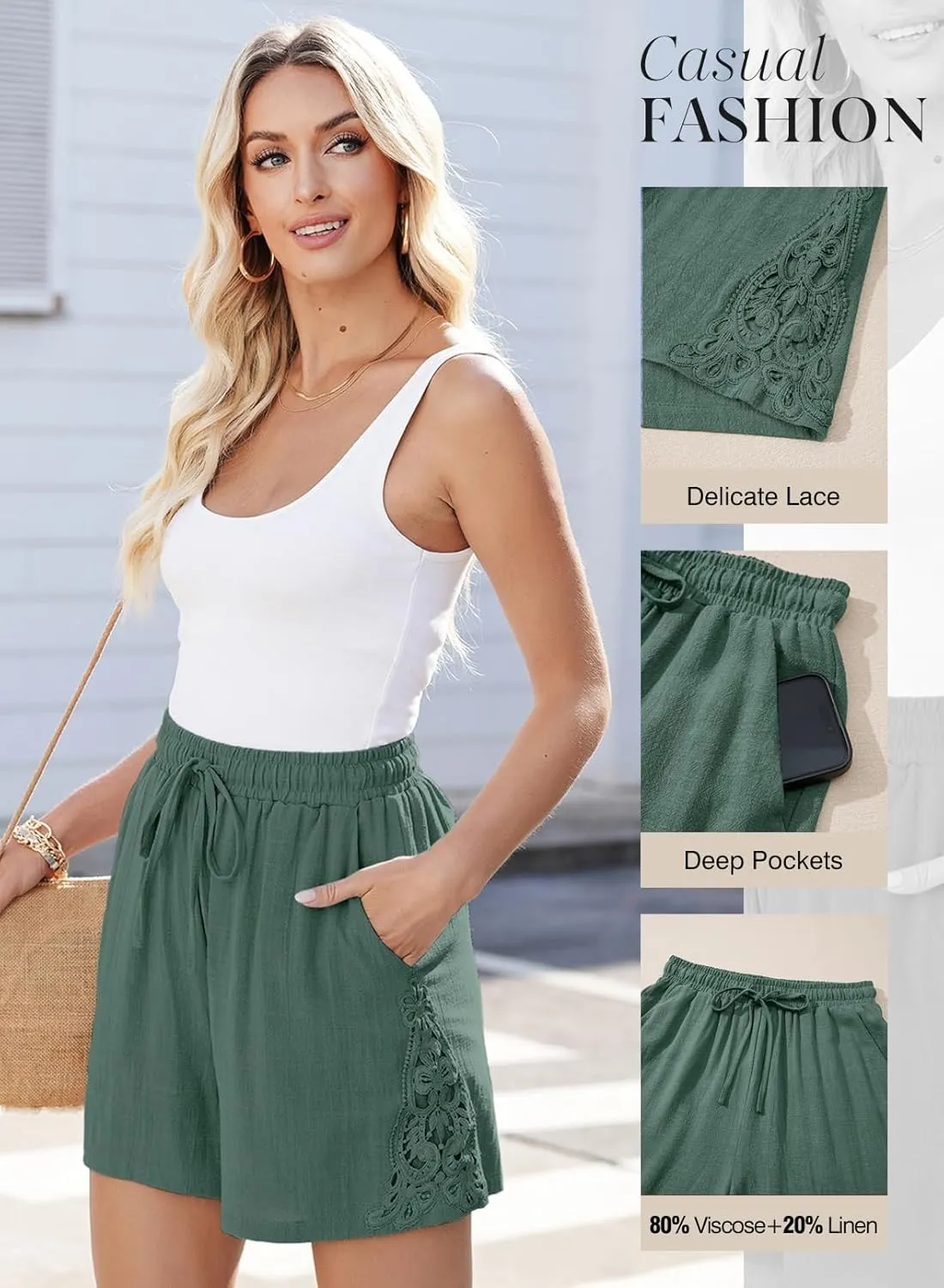 Dokotoo Women's Shorts Casual Flowy High Waisted Comfy Summer Elastic Drawstring Boho Dressy Pockets