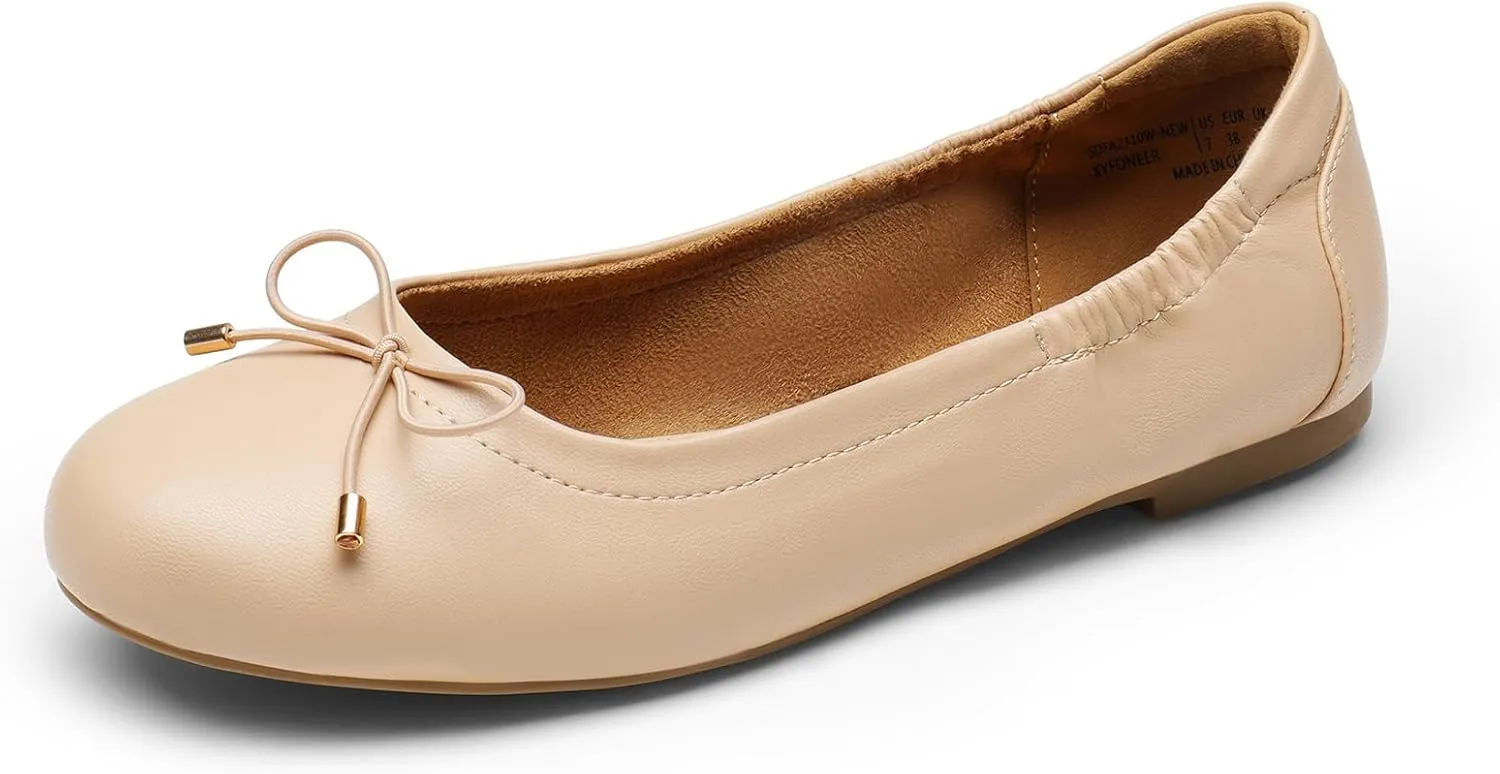 DREAM PAIRS Women's Ballet Flats, Foldable Round Toe Dress Shoes, Comfortable Slip On Work Flat Shoes with Bowknot