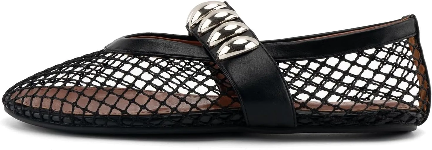 DREAMCIA Mesh Ballet Flats Rhinestone Buckle Strap Embellished Ballerina Shoes Fishnet Mary Jane Flats Metallic Gem Slip-on Round Toe for Women Comfy Casual Office Daily Shoes