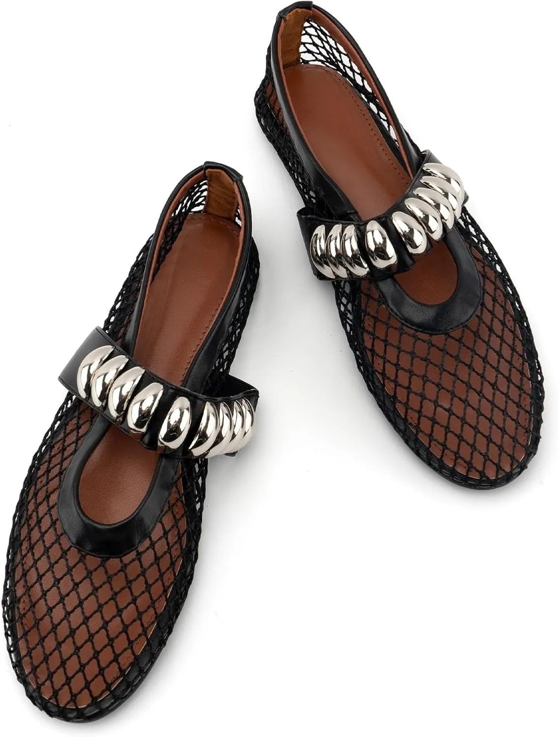 DREAMCIA Mesh Ballet Flats Rhinestone Buckle Strap Embellished Ballerina Shoes Fishnet Mary Jane Flats Metallic Gem Slip-on Round Toe for Women Comfy Casual Office Daily Shoes