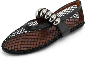 DREAMCIA Mesh Ballet Flats Rhinestone Buckle Strap Embellished Ballerina Shoes Fishnet Mary Jane Flats Metallic Gem Slip-on Round Toe for Women Comfy Casual Office Daily Shoes