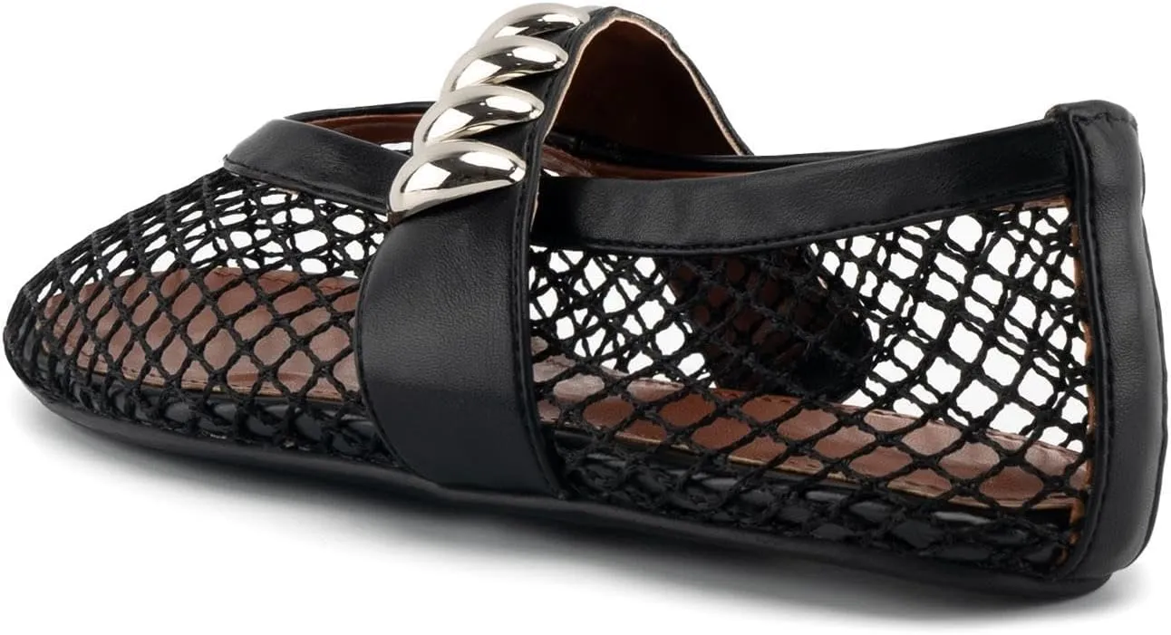 DREAMCIA Mesh Ballet Flats Rhinestone Buckle Strap Embellished Ballerina Shoes Fishnet Mary Jane Flats Metallic Gem Slip-on Round Toe for Women Comfy Casual Office Daily Shoes