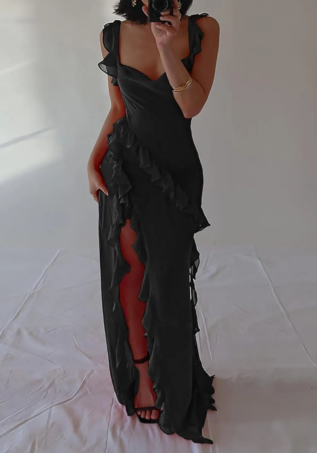 Ecirod Womens Spaghetti Strap High Slit Bodycon Maxi Dress Square Neck Backless Party Club Dresses
