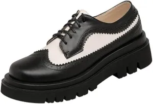 Elbslutt Oxford Shoes for Women Platform Oxfords for Women Chunky Heel Lace-Up Vintage Wingtips Round Toe Patent Leather Brogues Casual Oxfords Loafers for Girls Ladies Women