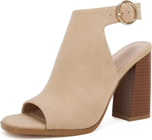 Ermonn Women‘s Cutout Peep Toe Stacked Heeled Sandals Ankle Strap Buckle Booties
