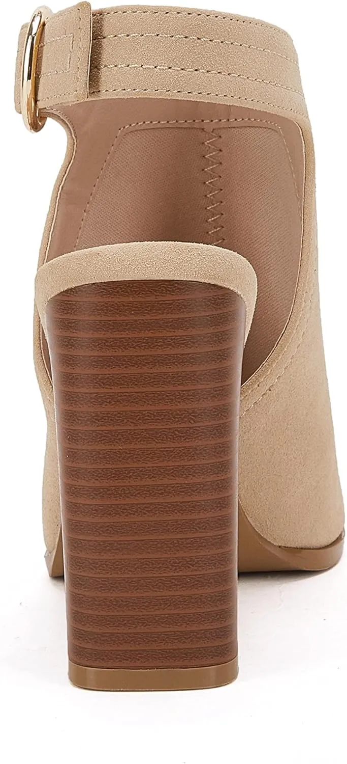 Ermonn Women‘s Cutout Peep Toe Stacked Heeled Sandals Ankle Strap Buckle Booties