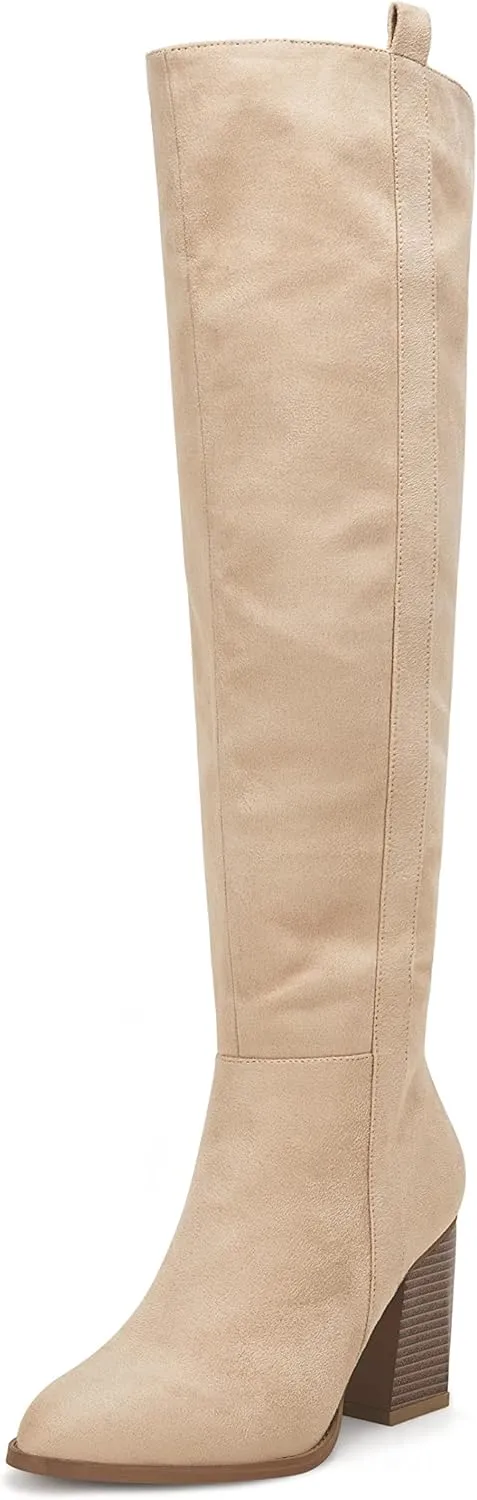 Ermonn Womens Faux Suede Knee High Side Zipper Chunky Heel Stretch Winter Boots