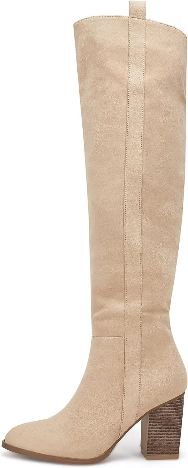 Ermonn Womens Faux Suede Knee High Side Zipper Chunky Heel Stretch Winter Boots