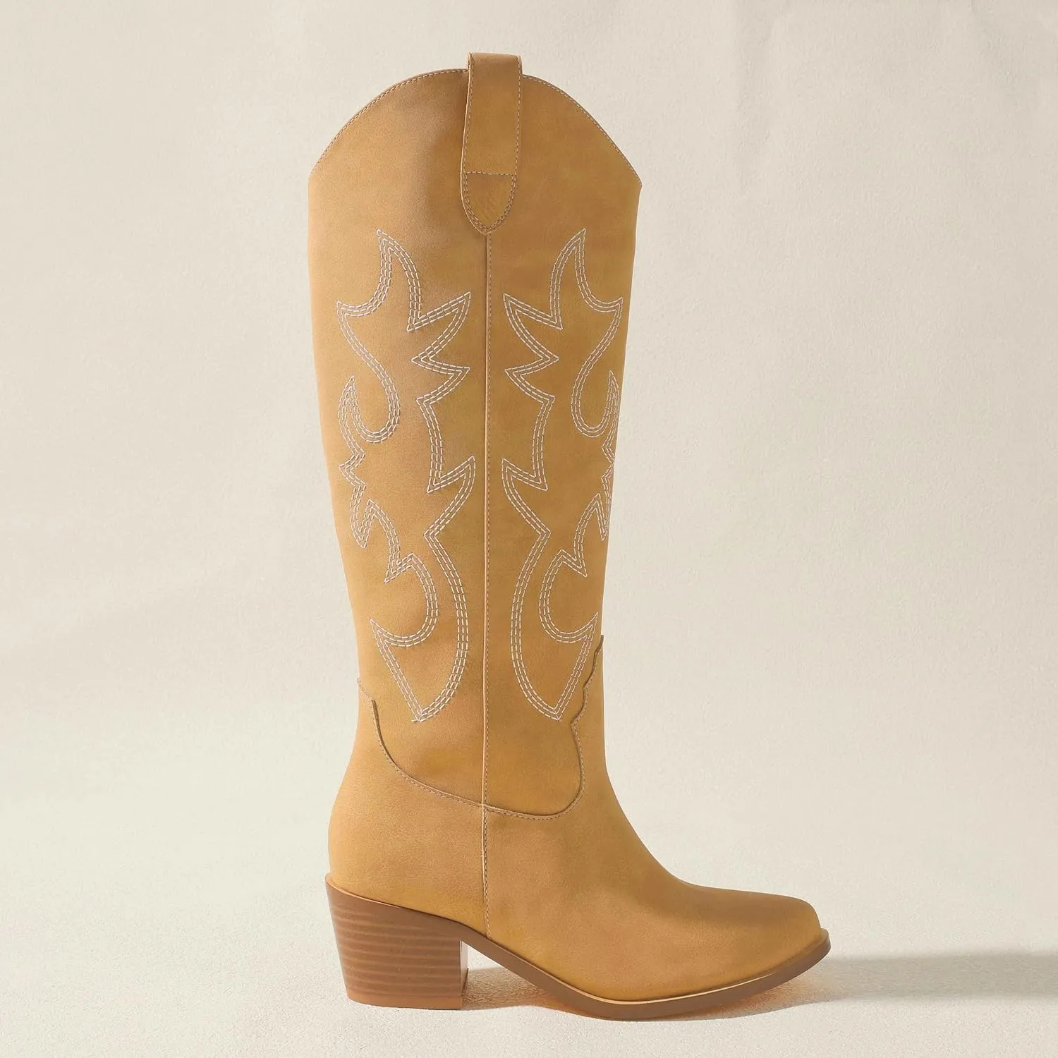 Erocalli White Cowgirl Boot Cowboy Boots for Women Embroidered Pull-On Chunky Stacked Heel Knee High Western Boots