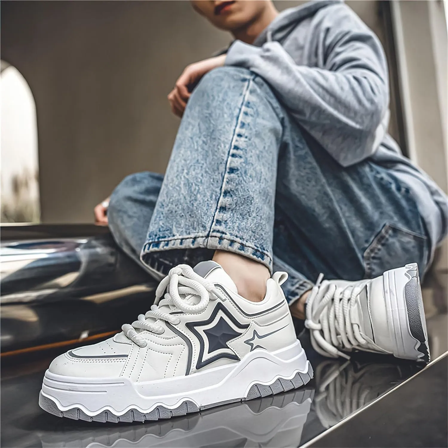 Exusiai Men Chunky Sneakers Fashion Star Y2K Shoes Platform Dad Shoes Comfortable White&Black Loafers
