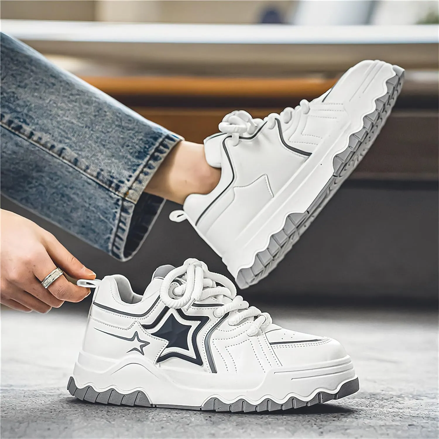 Exusiai Men Chunky Sneakers Fashion Star Y2K Shoes Platform Dad Shoes Comfortable White&Black Loafers