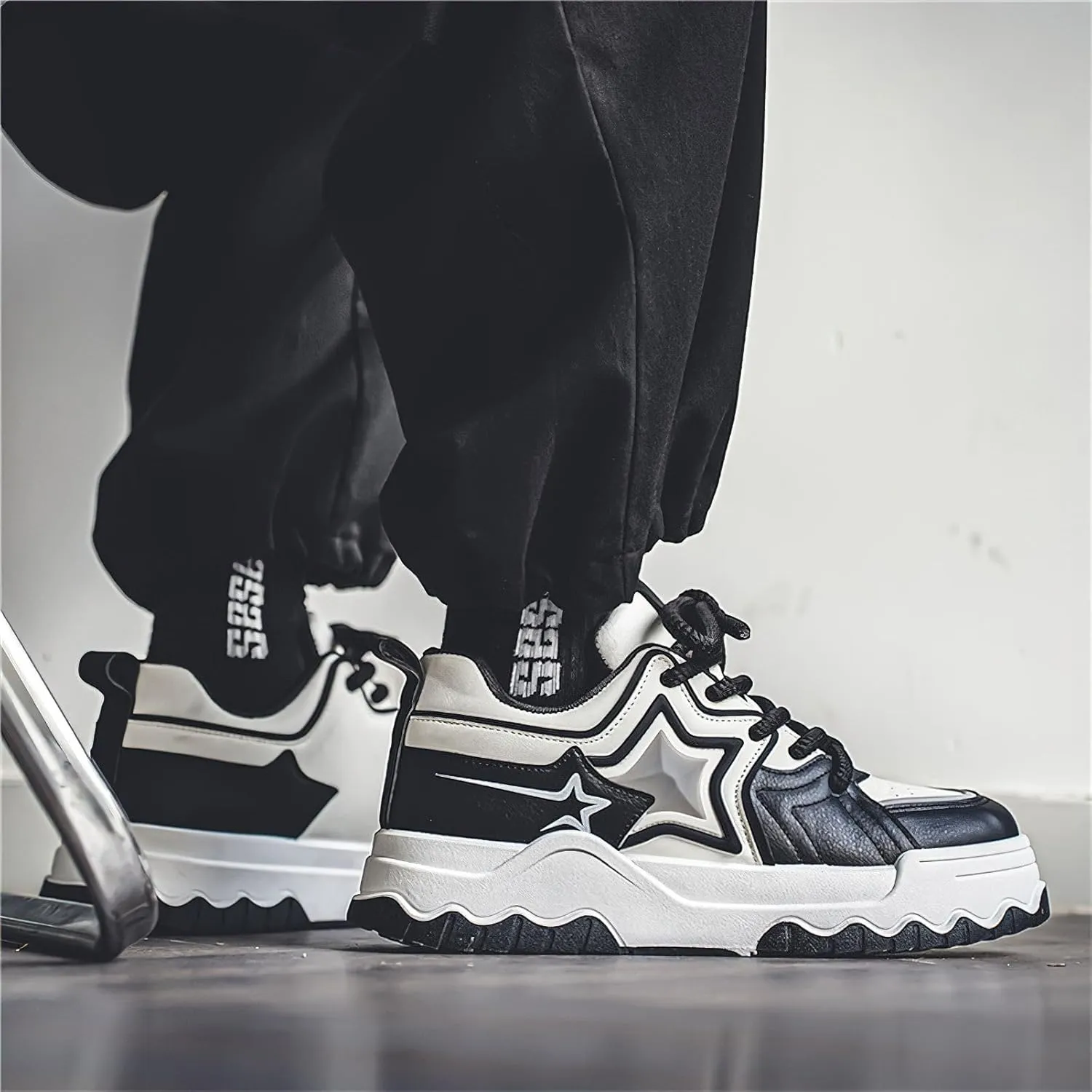 Exusiai Men Chunky Sneakers Fashion Star Y2K Shoes Platform Dad Shoes Comfortable White&Black Loafers