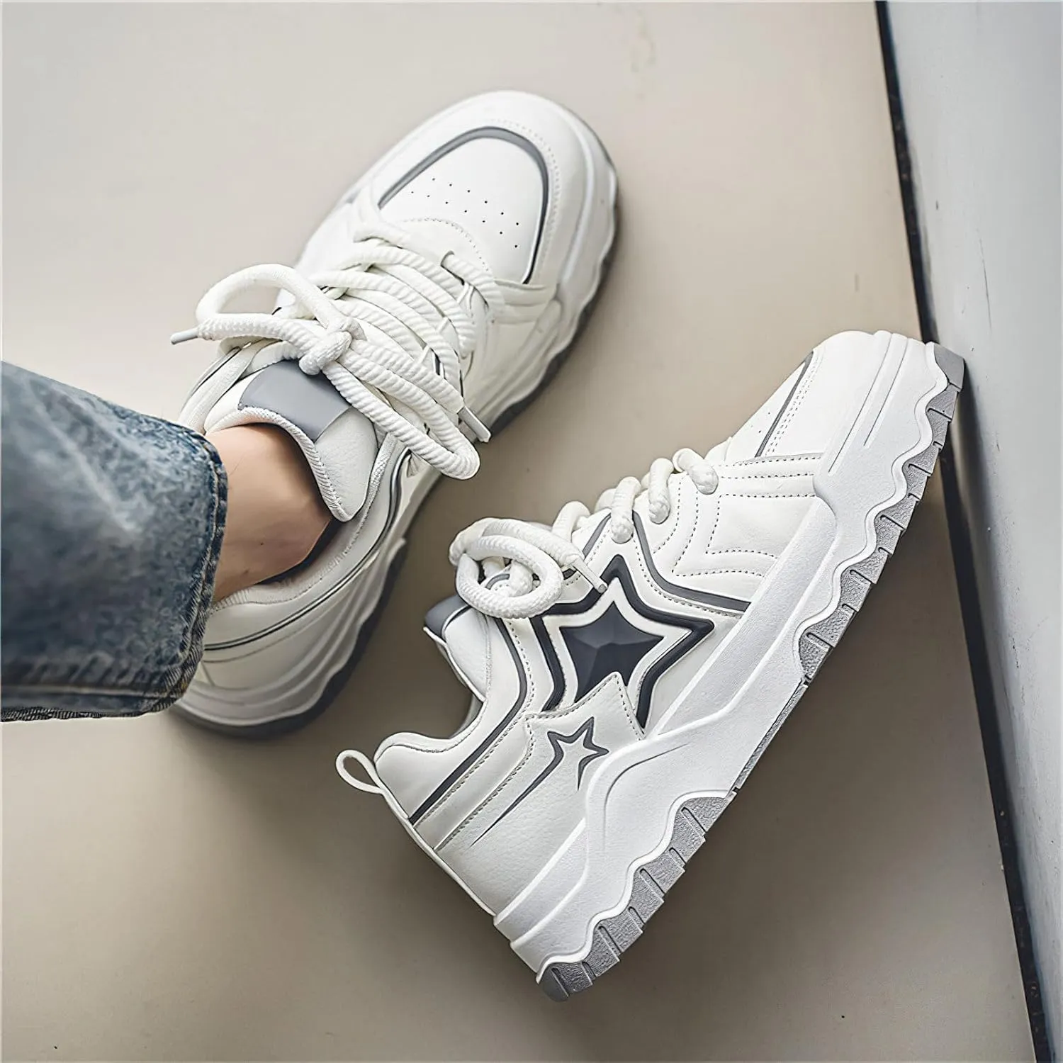 Exusiai Men Chunky Sneakers Fashion Star Y2K Shoes Platform Dad Shoes Comfortable White&Black Loafers