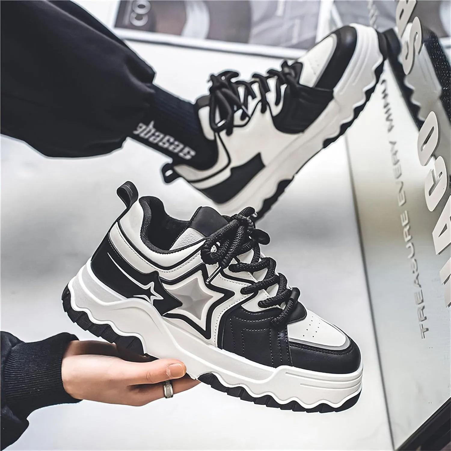 Exusiai Men Chunky Sneakers Fashion Star Y2K Shoes Platform Dad Shoes Comfortable White&Black Loafers