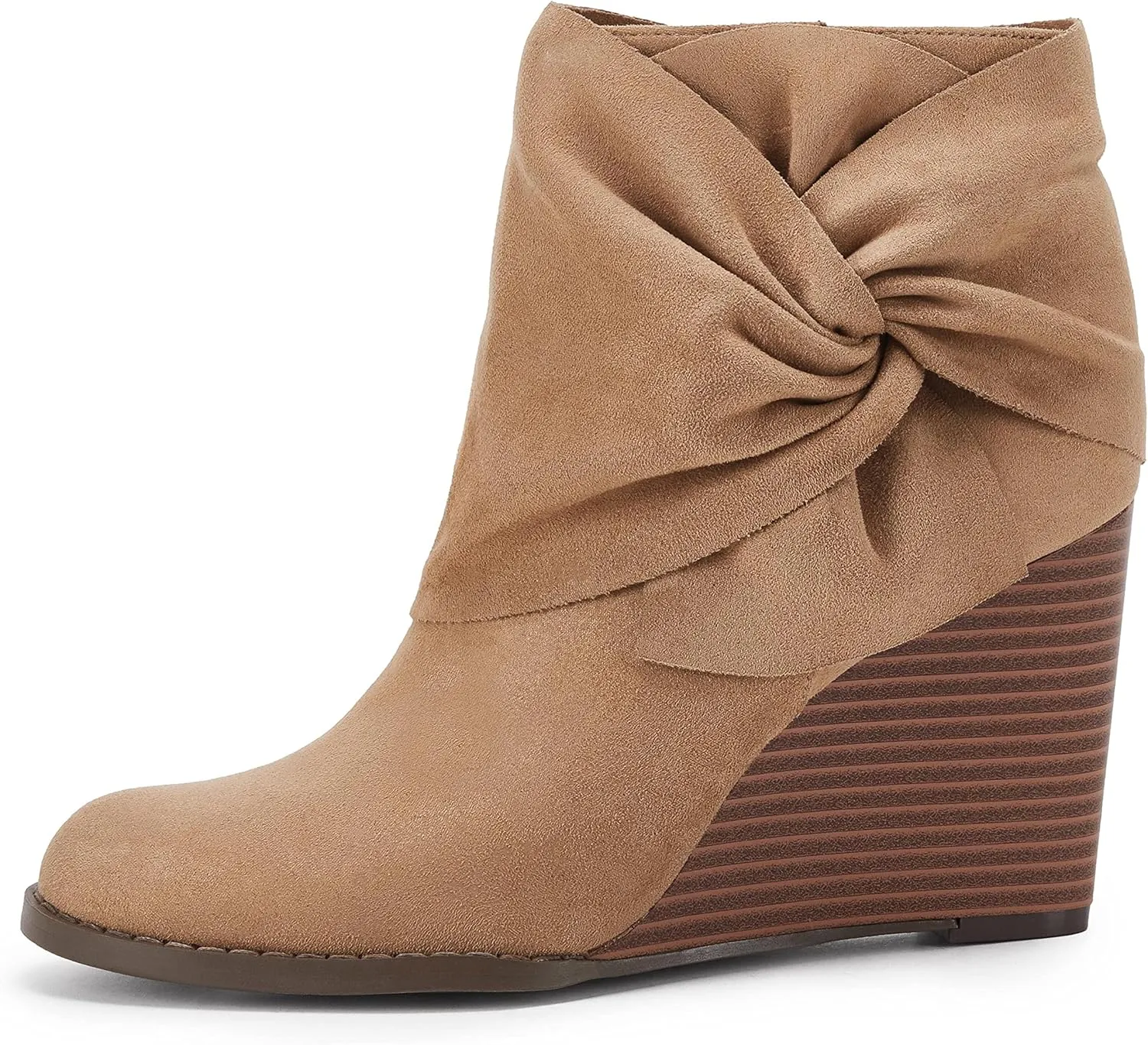 Fashare Womens Wedge Booties Ankle Heels Boots Bow Knot Stacked Heeled Winter Dress Shoes