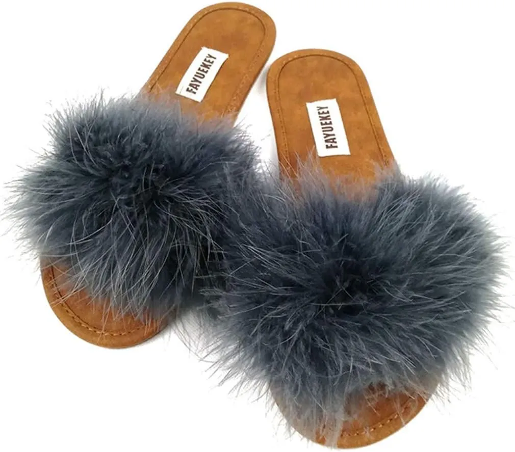 FAYUEKEY Comfy Slippers for Women Open Toe Sexy Fluffy Furry Soft Cute Slides Indoor Outdoor Flats Shoes