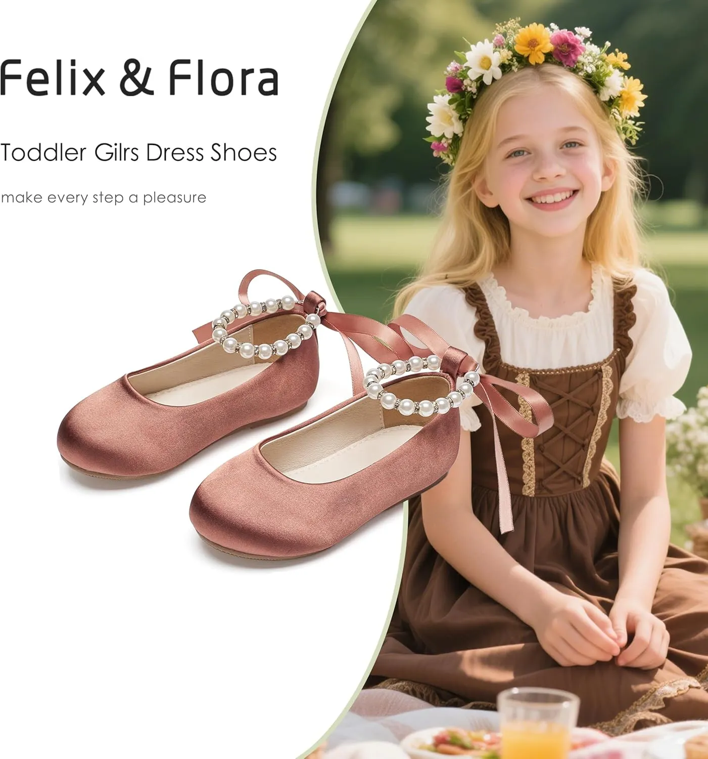 Felix & Flora Girls Toddler Little Ballet Shoes - Flower Girls Mary Jane Flats Dress Shoes Party Wedding