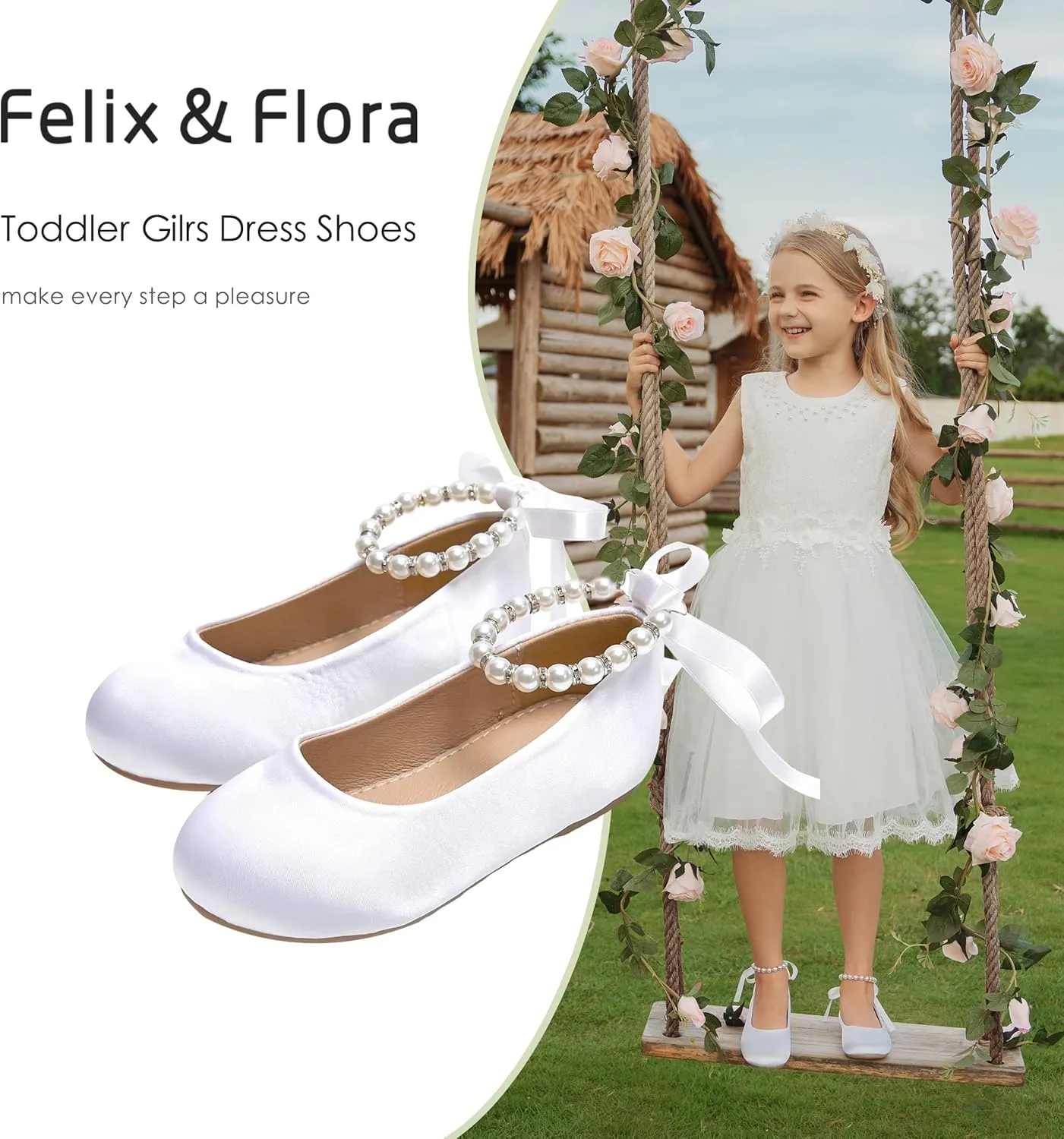 Felix & Flora Girls Toddler Little Ballet Shoes - Flower Girls Mary Jane Flats Dress Shoes Party Wedding