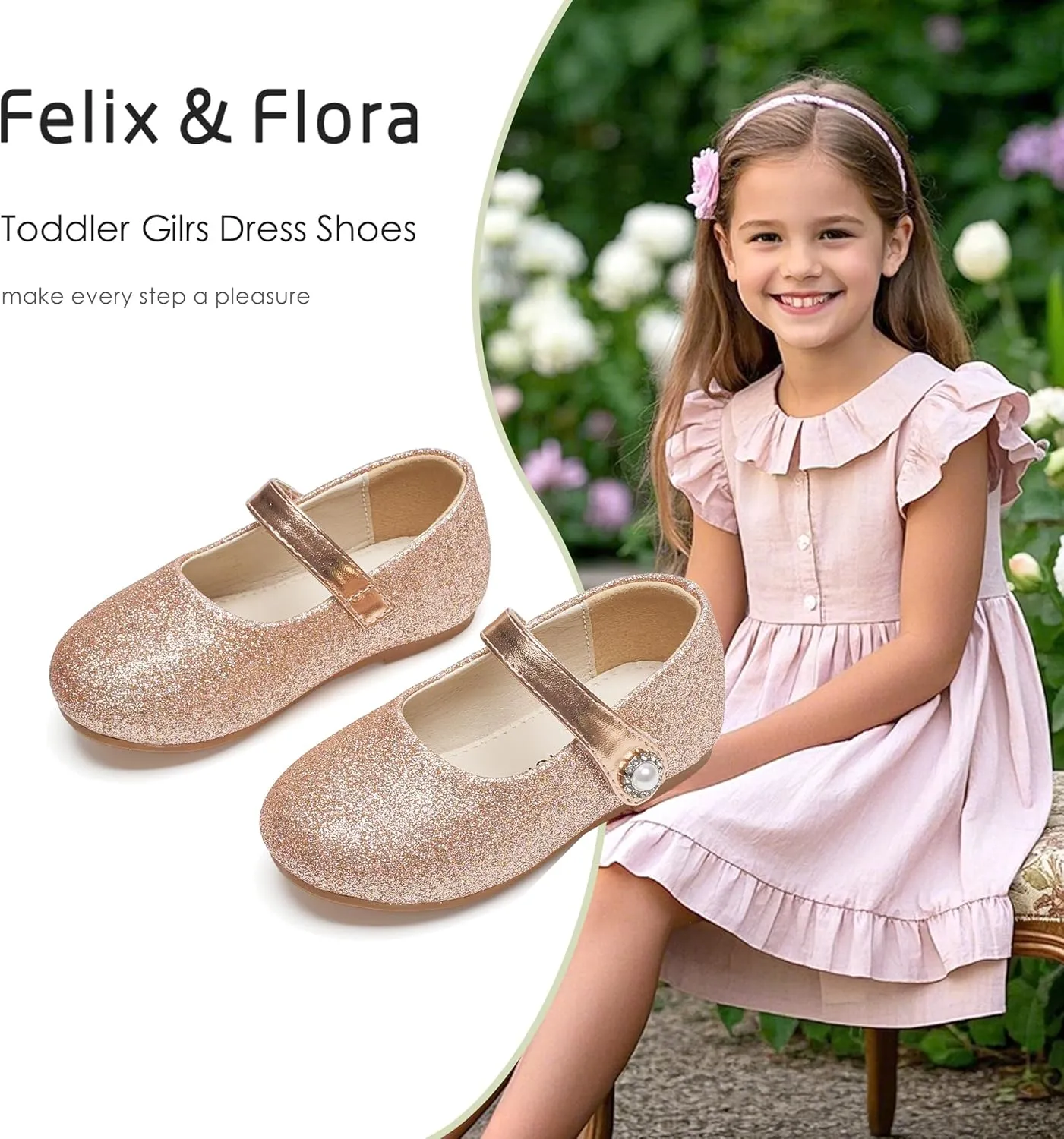 Felix & Flora Girls Toddler Little Ballet Shoes - Flower Girls Mary Jane Flats Dress Shoes Party Wedding