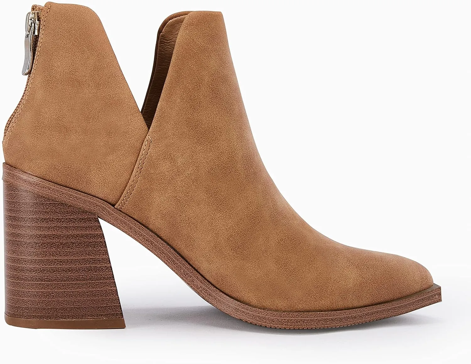 FISACE Womens Pointed Toe Stacked Mid Heel Ankle Boots V Cut Back Zipper Faux Leather Booties