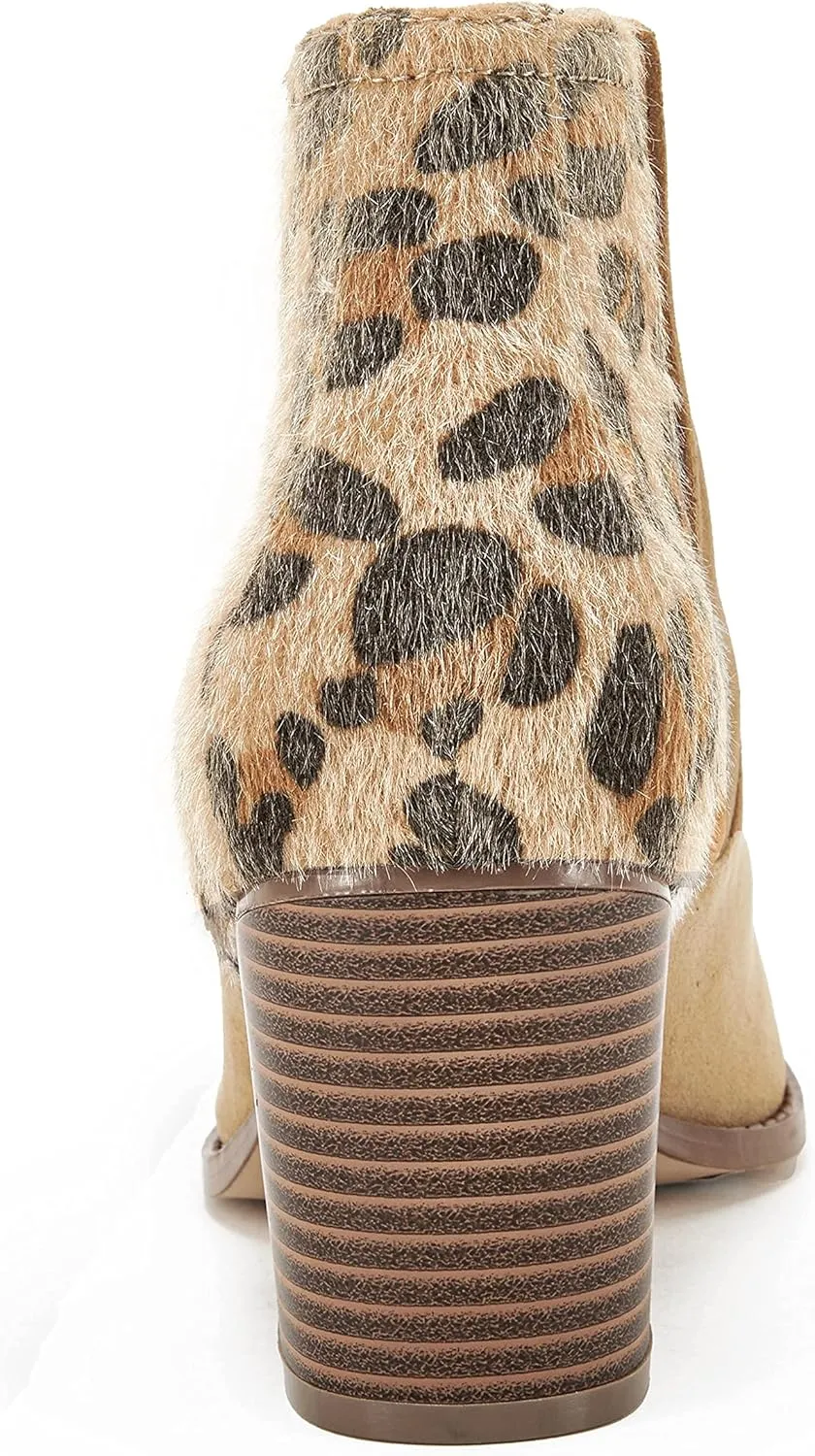 FISACE Womens Pointed Toe Stacked Mid Heel Ankle Boots V Cut Back Zipper Faux Leather Booties