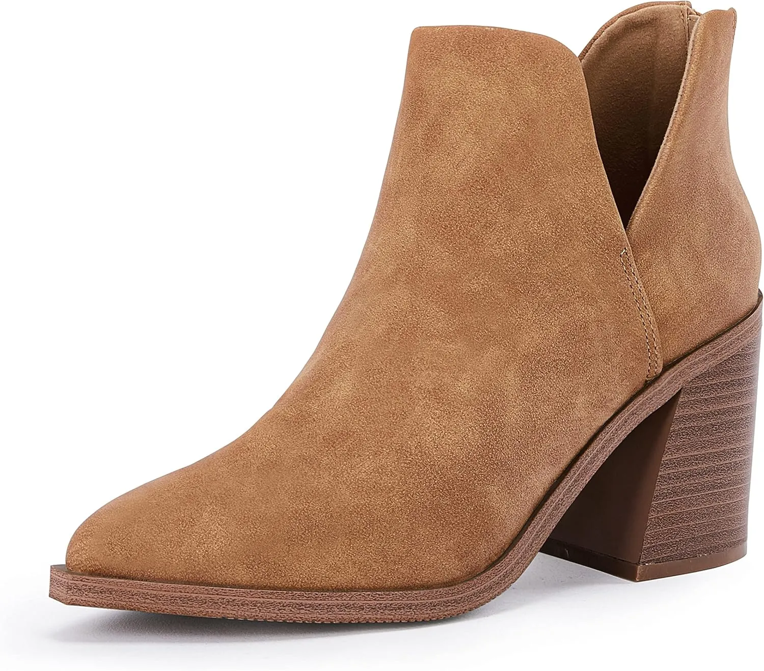 FISACE Womens Pointed Toe Stacked Mid Heel Ankle Boots V Cut Back Zipper Faux Leather Booties