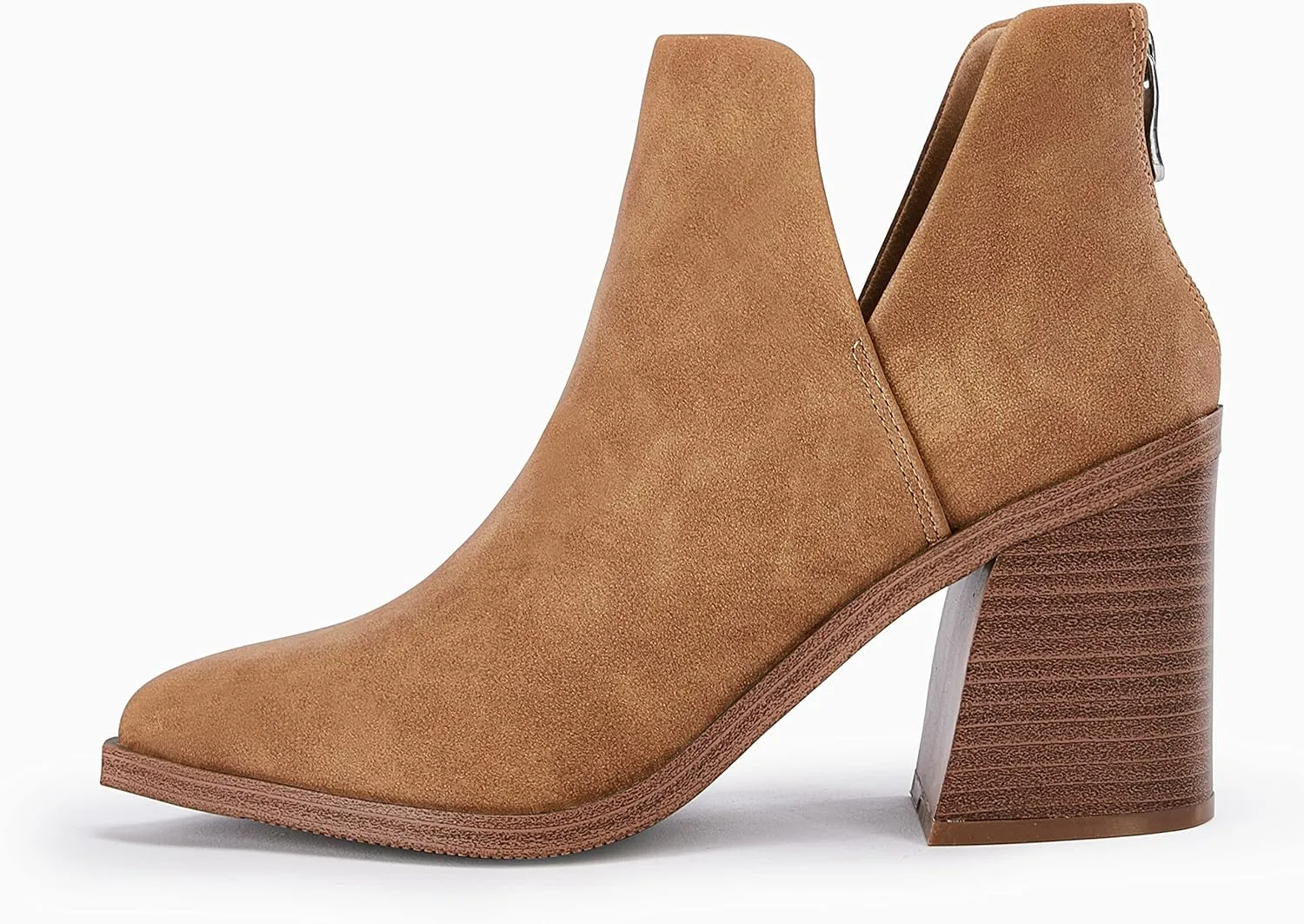 FISACE Womens Pointed Toe Stacked Mid Heel Ankle Boots V Cut Back Zipper Faux Leather Booties