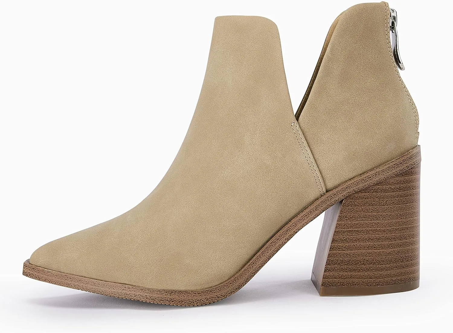 FISACE Womens Pointed Toe Stacked Mid Heel Ankle Boots V Cut Back Zipper Faux Leather Booties