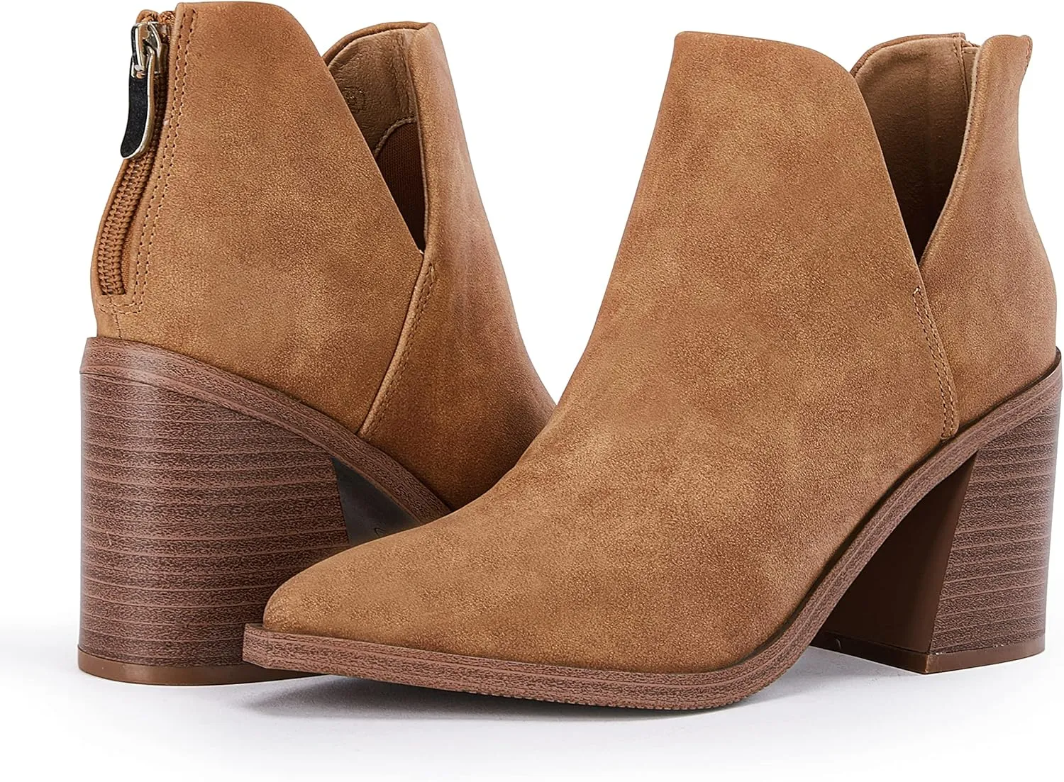 FISACE Womens Pointed Toe Stacked Mid Heel Ankle Boots V Cut Back Zipper Faux Leather Booties