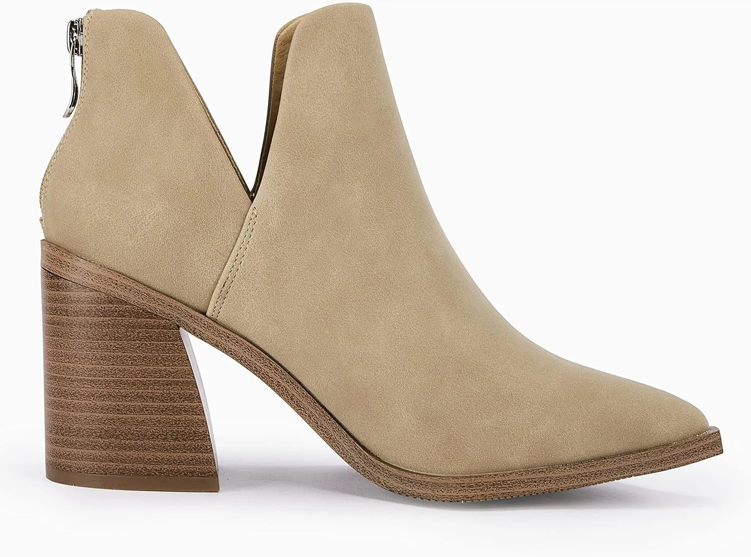 FISACE Womens Pointed Toe Stacked Mid Heel Ankle Boots V Cut Back Zipper Faux Leather Booties
