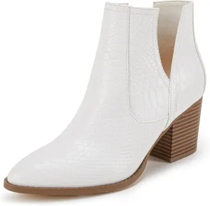FISACE Womens Pointed Toe Stacked Mid Heel Ankle Boots V Cut Back Zipper Faux Leather Booties