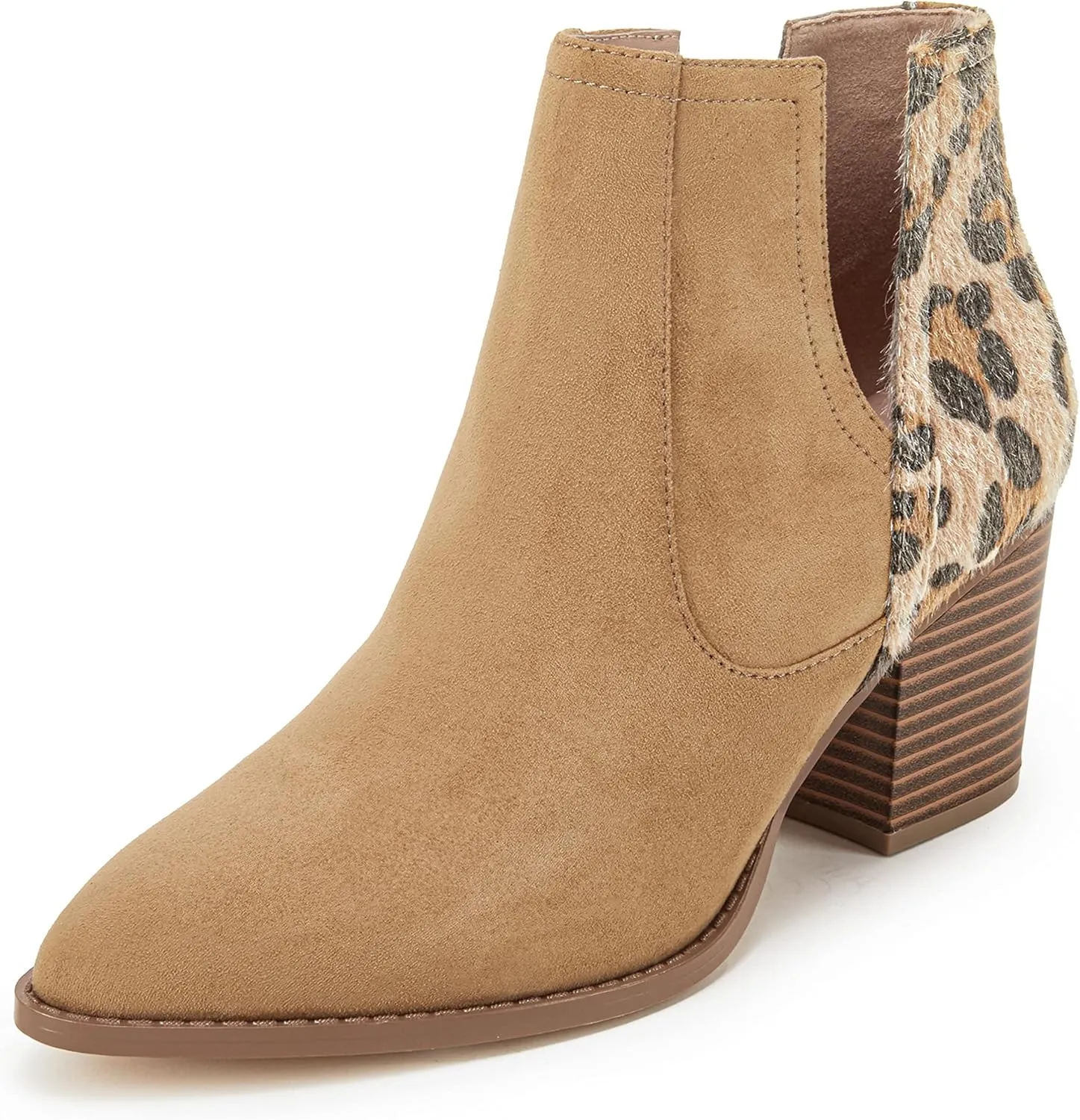 FISACE Womens Pointed Toe Stacked Mid Heel Ankle Boots V Cut Back Zipper Faux Leather Booties