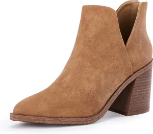 FISACE Womens Pointed Toe Stacked Mid Heel Ankle Boots V Cut Back Zipper Faux Leather Booties