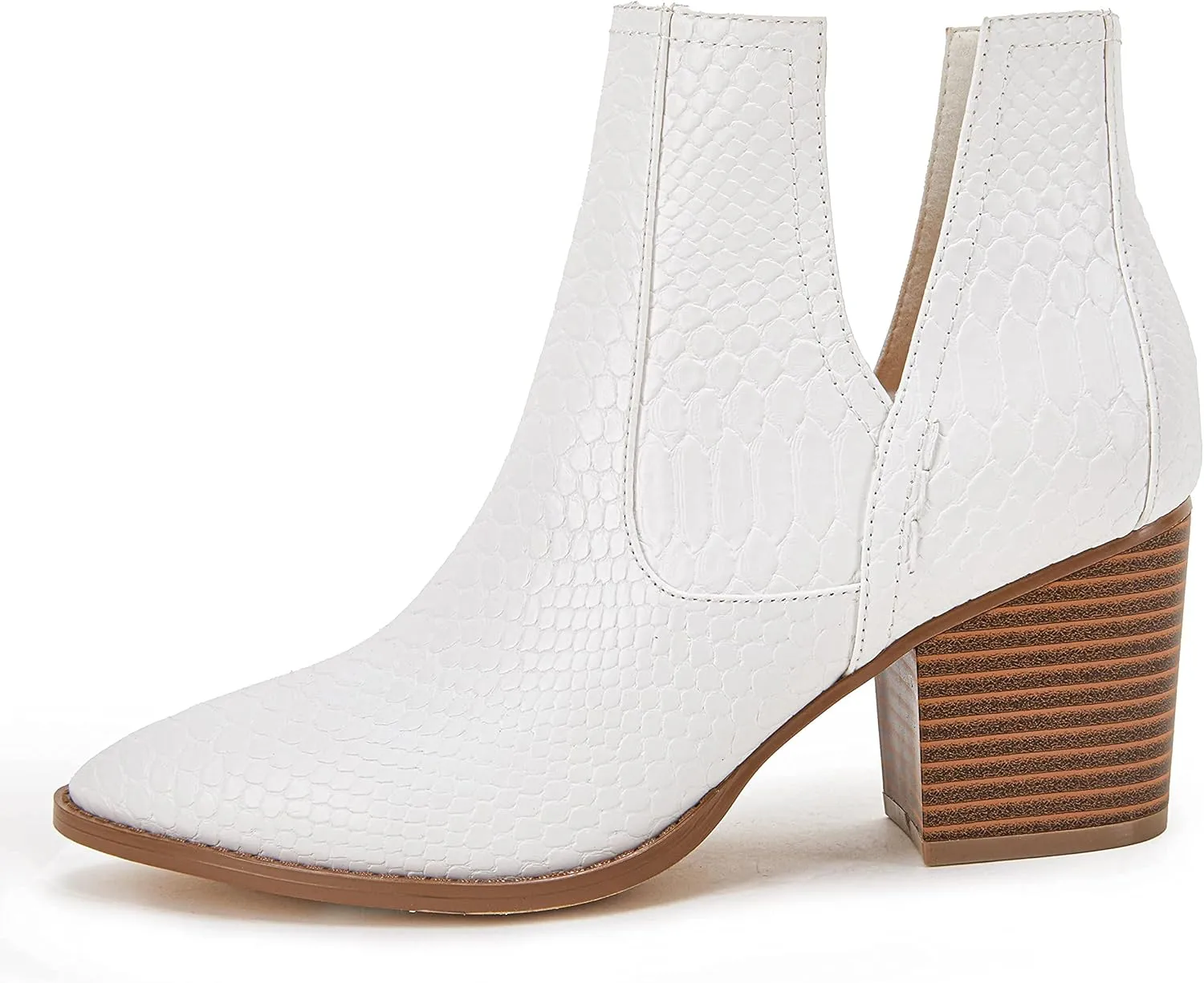 FISACE Womens Pointed Toe Stacked Mid Heel Ankle Boots V Cut Back Zipper Faux Leather Booties