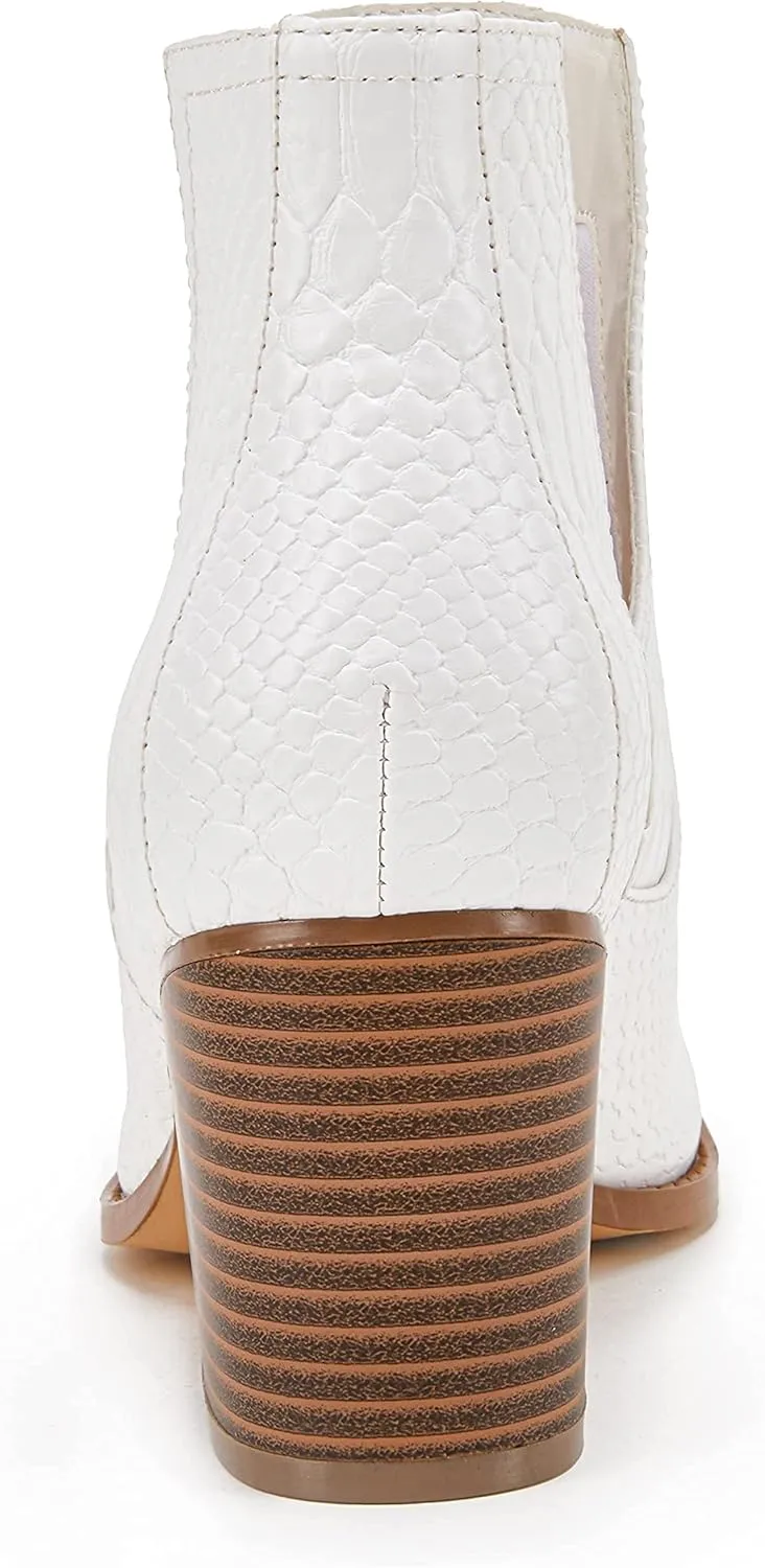 FISACE Womens Pointed Toe Stacked Mid Heel Ankle Boots V Cut Back Zipper Faux Leather Booties